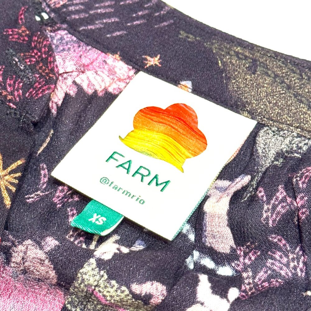 Farm Rio River Creatures Black Floral Mini Dress Tie Belt Button Front Tassels - Picture 10 of 16